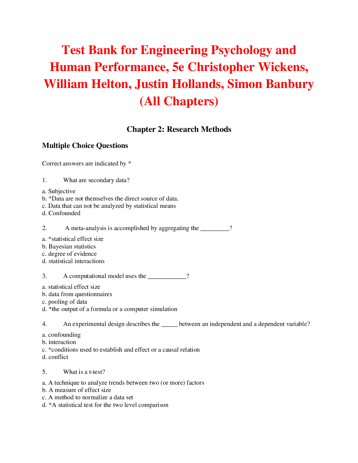 Recommended document preview for Test Bank for Engineering Psychology and Human Performance, 5th Edition by Christopher Wickens, William Helton, Justin Hollands, Simon Banbury